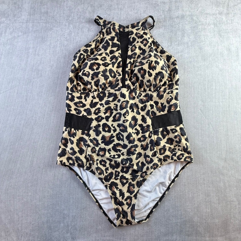 Leopard Print 22W High Neck One Piece Swimsuit with Mesh Cutouts Tan Black